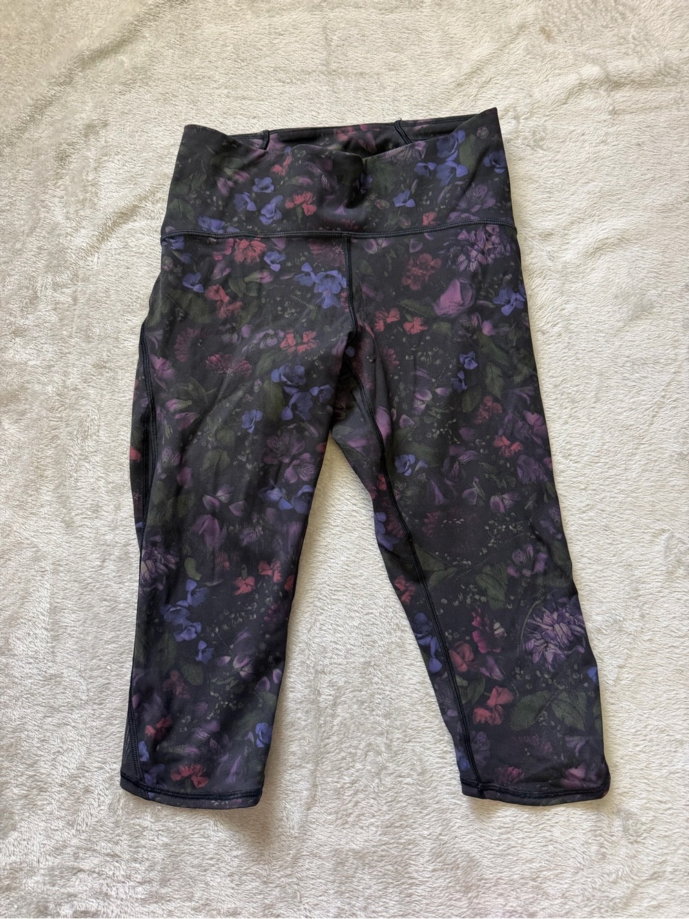 lululemon athletica Black Floral Capri Leggings with Purple & Pink Accents